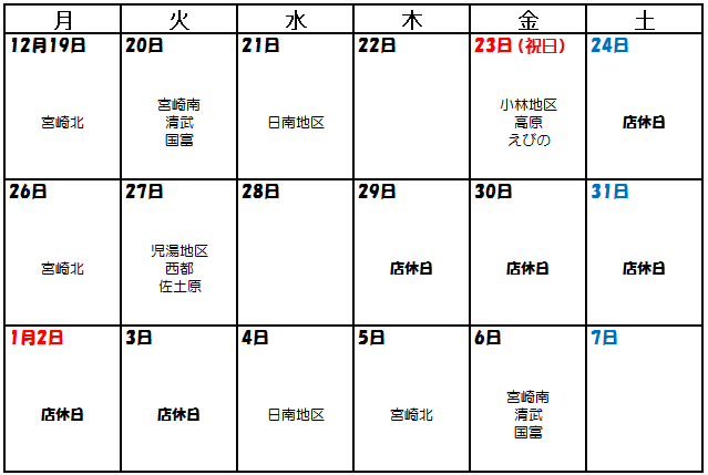 宮崎支店配達カレンダー